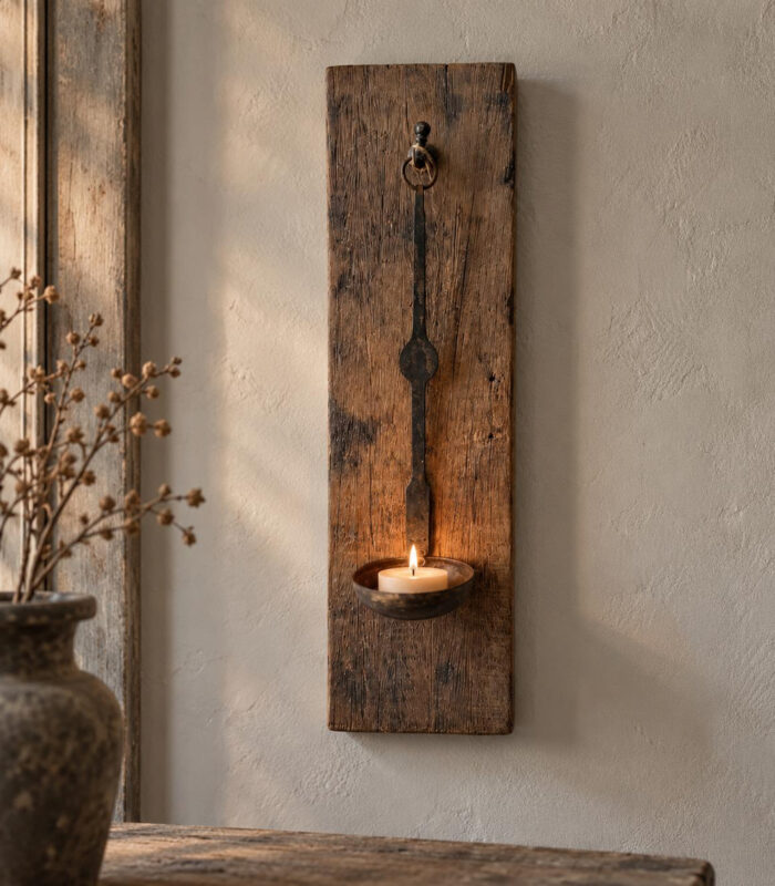 Houten Wandkandelaar met Oude Metalen hanglepel - zozowonen.nl